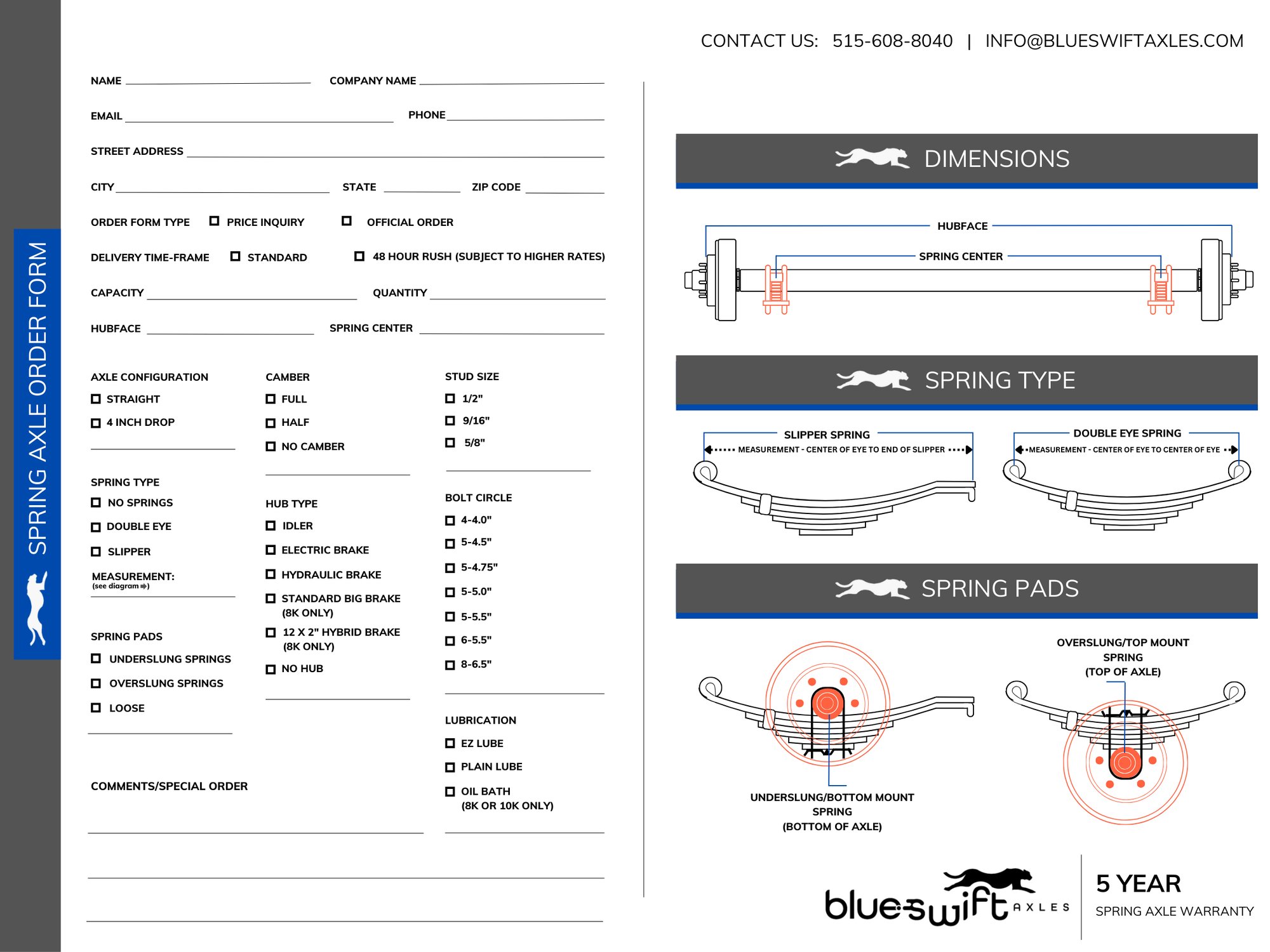 SPRING AXLES ORDER FORM